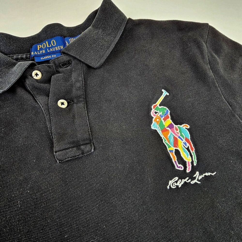Polo Ralph Lauren Mens L Black Big Pony Multicolor Logo Classic Fit Polo Shirt